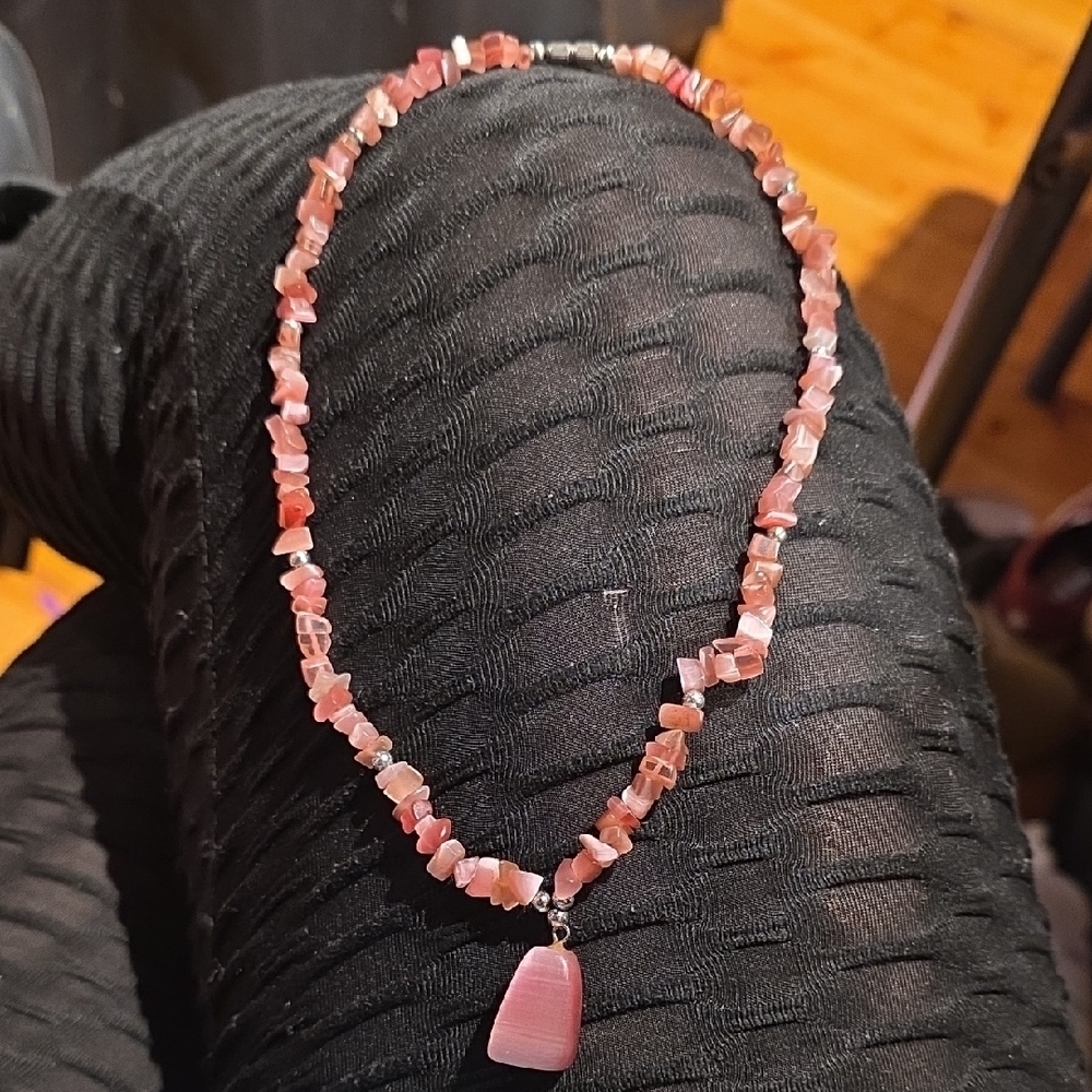 Handmade Pink Gemstone Bead Necklace with Pendant